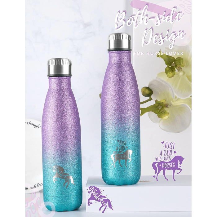 Horse gifts for girls, women, horse water bottle, insulated stainless steel water bottle, riding gifts for horse lovers, for birthdays, Christmas, back to school, violet-blue