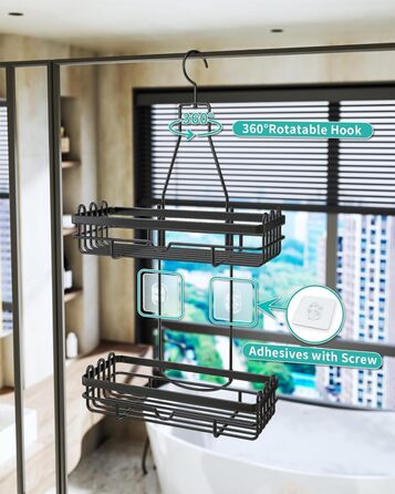 HapiRm Shower Shelf for Hanging with Razor Holder & Soap Holder, Hanging Shower Shelf with Multiple Hooks - High-Quality Hanging Shower Basket Stainless Steel No Drilling, Black