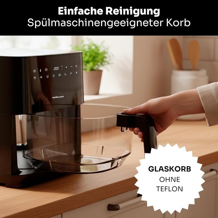 Фритюрниця без олії MELLERWARE 1450W з скляним контейнером 4.5L, 9 програм, сенсорний дисплей, 80–200°C, таймер 60 хв, для миття в посудомийній машині