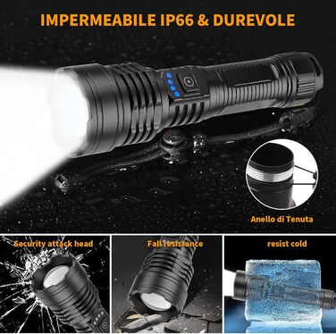 Повторно заряджувана ліхтарик 500000 люменів, надпотужний LED ліхтарик з акумулятором та USB-кабелем, тактичний ліхтарик, 5 режимів для кемпінгу, надзвичайних ситуацій та читання