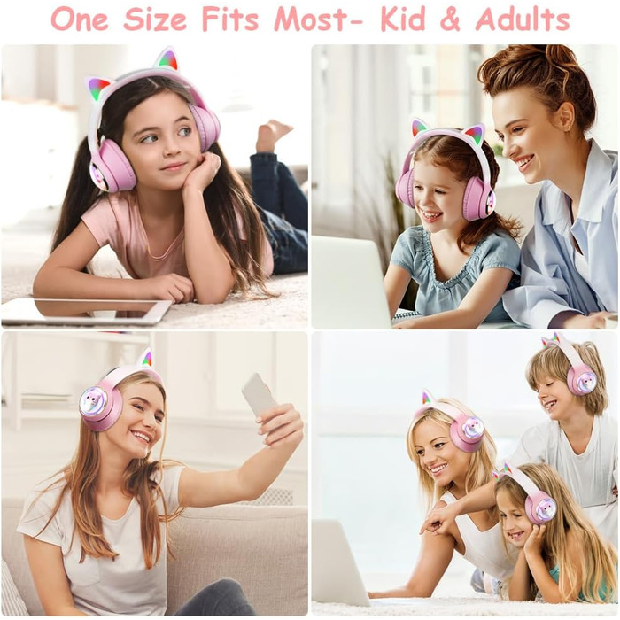 Дитячі навушники AXFEE з Bluetooth, котячі вушка, LED-підсвічування, Over-Ear, стерео, бездротові, з мікрофоном, Micro SD/TF, для телефону/планшета/ПК