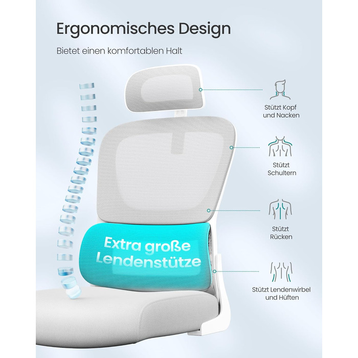 Офісний стіл SONGMICS, ергономічне крісло з сіткою, з адаптивною поперековою підтримкою та регульованою підголівником, для дому та офісу, сірий (OBN041G01)