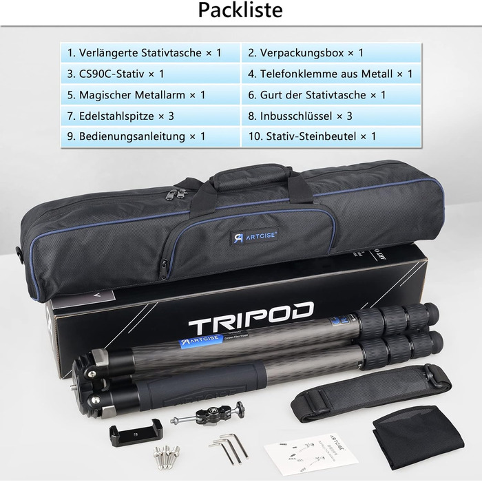 Штатив для камери Artcise з вуглецевого волокна, монопод 40 мм, професійний, для важкої техніки, подорожей, максимальне навантаження 40 кг (CS90C)