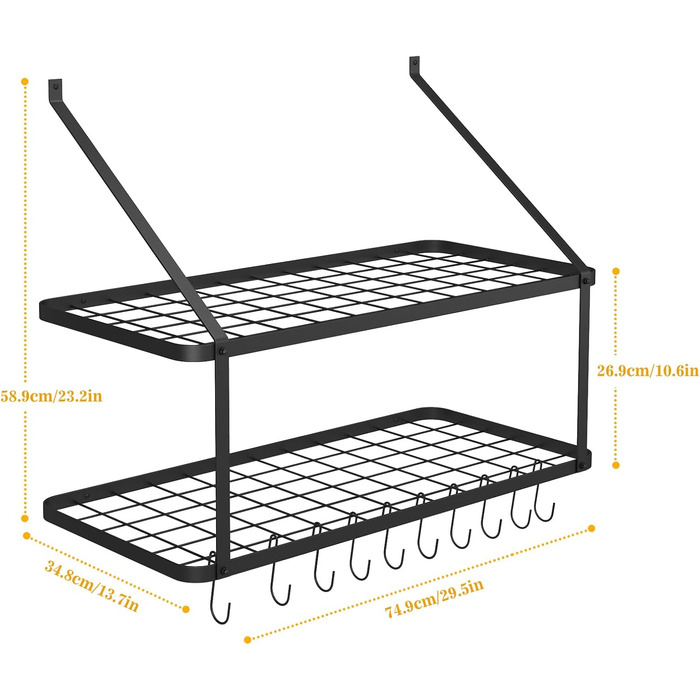 Warmiehomy Kitchen Wall Pot Rack, Wall Shelf Kitchen with 10 Hooks, 2-Layer Pot Pan Organizer, Hanging Spice Rack, Wall Mounted Kitchen Utensil Holder Kitchen Shelf (74.9x34.8x58.9 cm)