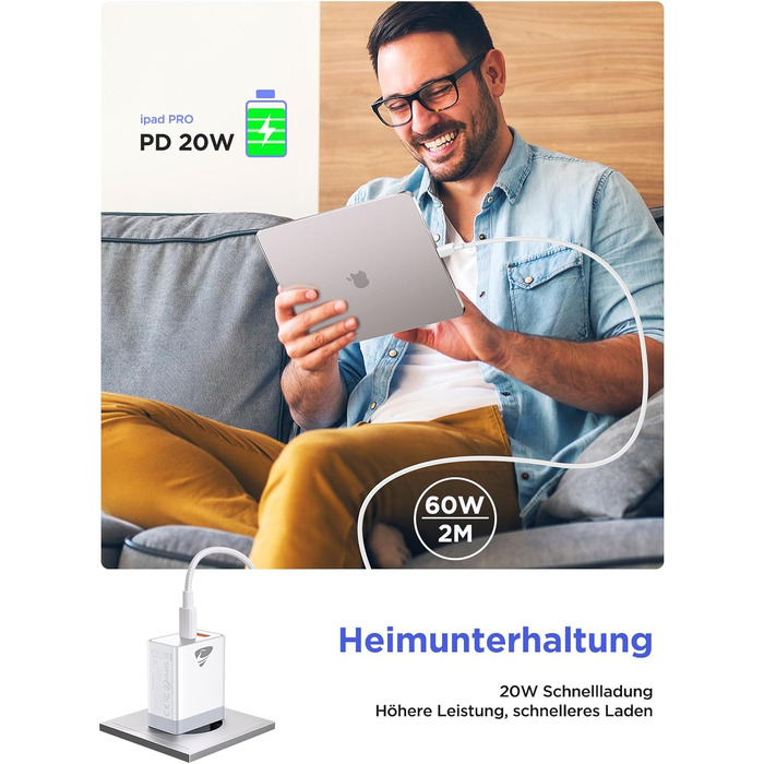 Мережевий адаптер USB C з двома портами, 20W, PD 3.0, з кабелем USB C - USB C 2м, білий