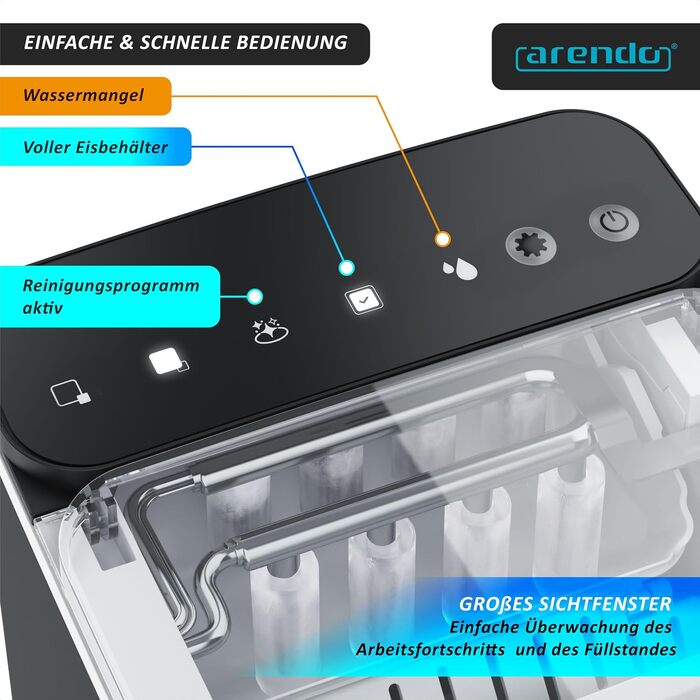 Льодогенератор Arendo Ice Cube Maker, 150 Вт, 12 кг льоду на добу, два розміри кубиків, автоматичне вимкнення, чорний