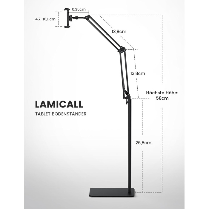 Підлоговий стійка-холдер Lamicall для планшетів та iPad (4,7-13 дюймів), регульована висота та кут нахилу, поворот на 360°, посилена основа 2.2 кг, чорний