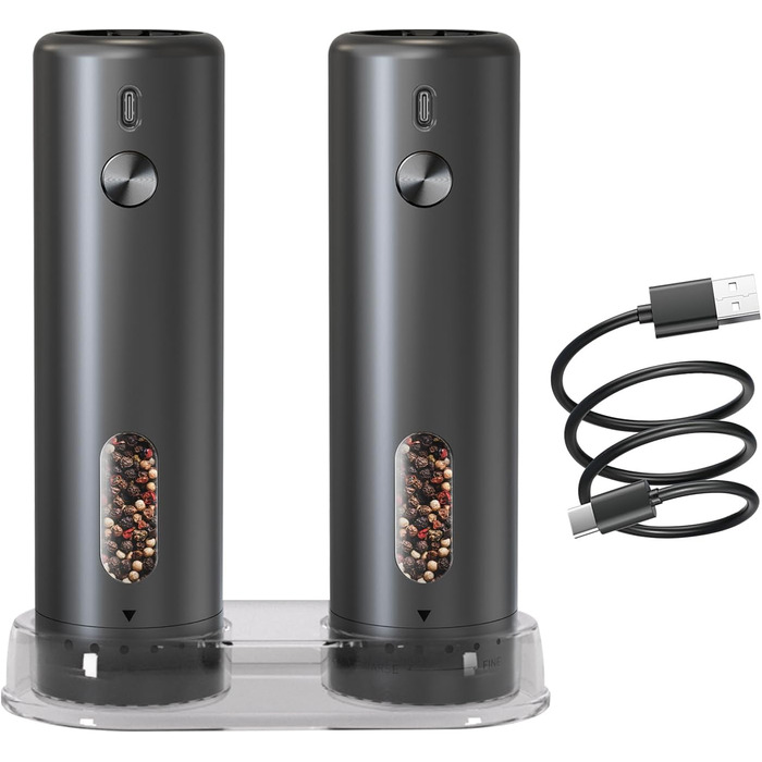 Electric Salt and Pepper Grinder Set, Rechargeable, Automatic Electric Pepper Grinder Set with Large Capacity 110ml, Externally Adjustable Coarseness, LED Light, and One-Hand Operation, Black