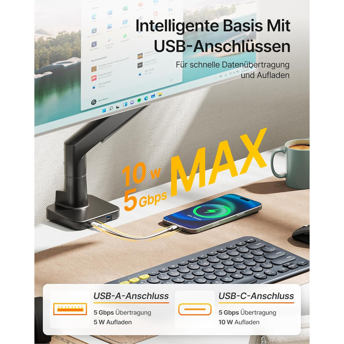 Кронштейн для монітора monTEK для Ultrawide-екранів 17–57 дюймів до 27 кг, алюмінієвий пневматичний підйомник, регулювання висоти, VESA 75x75/100x100, USB 3.0, чорний