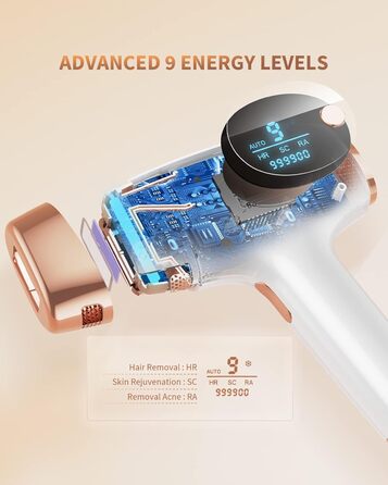 Лазерний епілятор ZKMAGIC з 9 рівнями потужності та 3 функціями (HR/SC/RA), 999 900 імпульсів. Безболісна епіляція лазером для жінок та чоловіків, для обличчя, тіла, ніг та під пахвами.