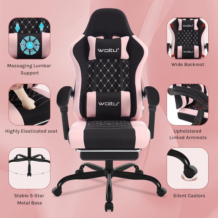 WOLTU Gaming Chair with Massage Function, Computer Chair with Pocket Spring Cushion, Ergonomic Gamer Recliner, Swivel Chair with Headrest, Lumbar Pillow, Footrest, Mesh Fabric, Black+Pink, GS15swr Black+pink Mesh Fabric