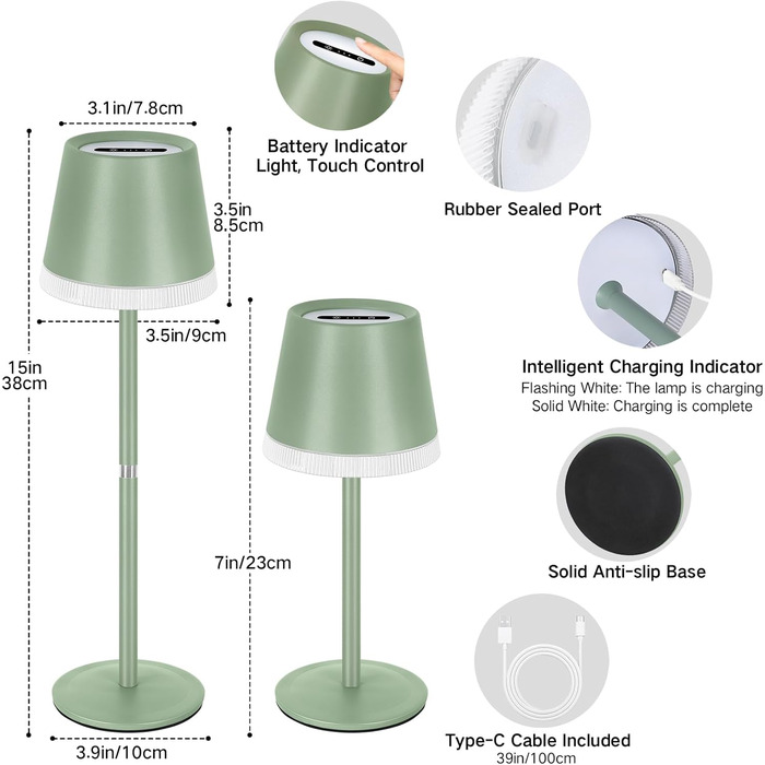 Світлодіодний настільний світильник OUTON з акумулятором, USB-C, 3 режими світла, димування, зелений - 2 шт.