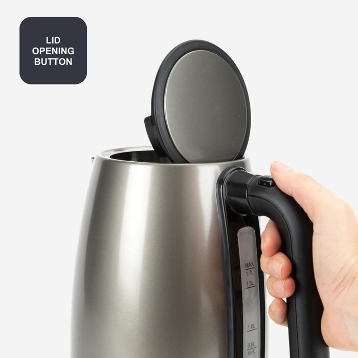 Електричний чайник BLACK+DECKER BXKE2202E 1.2L, 2200W, нержавіюча сталь, поворотна база 360°, для лівшів, з автовимкненням