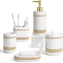 Набір аксесуарів для ванної кімнати з діамантами: органайзер, диспенсер для мила, стакан для зубних щіток, мильниця, контейнер для ватних паличок, 5 шт. Білий, кераміка