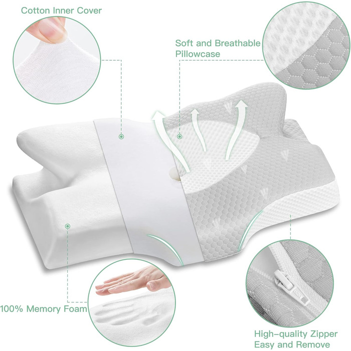 Elviros Orthopedic Cervical Pillow made of Memory Foam, Removable Ergonomic Neck Roll for Neck and Shoulder Pain, Neck Support Pillow, 56 x 11/9 x 33 cm, Silver-Gray Silver Gray 54 x 11/9 x 33 cm