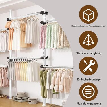 Телескопічна система для гардеробу, штанга для одягу зі 6 штангами, телескопічна шафа для одягу з 2 гачками, регульована полиця 110-300 см, для дому та магазину одягу, білий