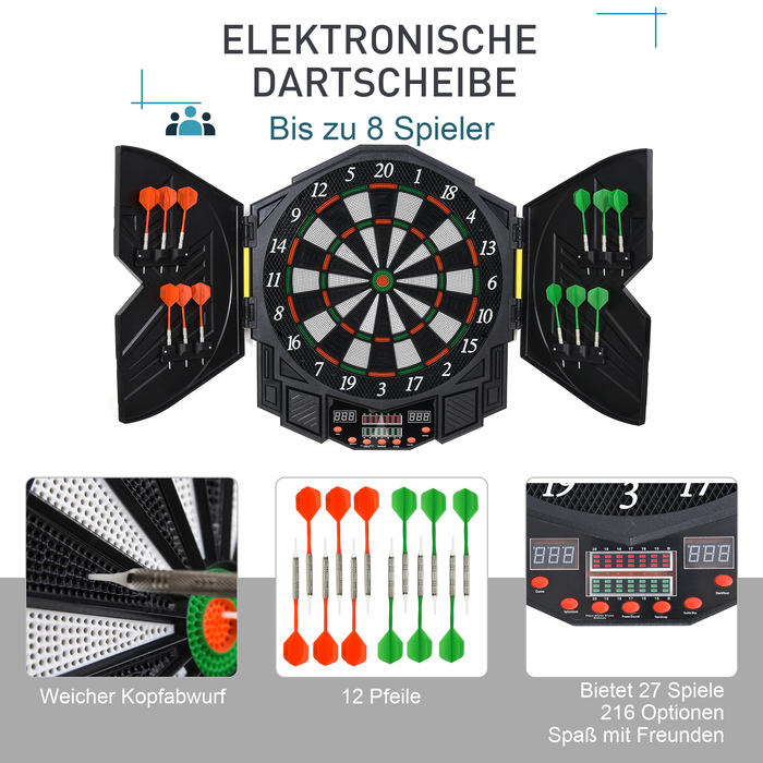 HOMCOM Електронна дартс-дошка Dartboard з дверцятами, 216 ігор, в комплекті 4 світлодіодних індикатори, 12 дротиків для до 8 гравців, ABS PP, 49x54,6x5,5 см