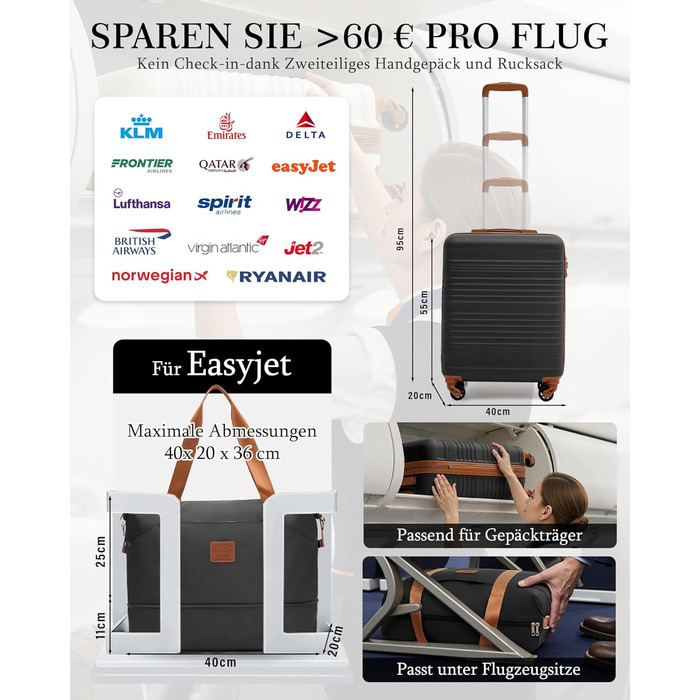 Набір ручної валізи COOLIFE 55x35x20cm та невеликої сумки 40x25x20cm (2 шт.) з TSA замком, 4 колесами, ABS-корпус, чорний/коричневий | Для Ryanair & Easyjet