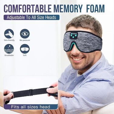 Маска для сну з Bluetooth-навушниками Boodlab 3D, бездротові, пранні, для сну, медитації, подорожей (сіра)
