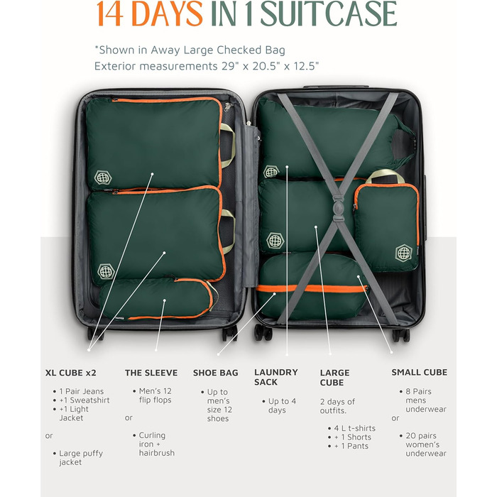 Набір органайзерів для подорожей Trippped Travel Gear: 7 шт., великий розмір, компресійні, для одягу (зелений/помаранчевий)