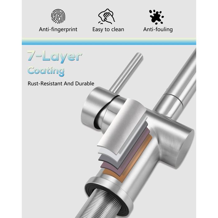 Змішувач кухонний з висувною лійкою, високого тиску, з двома режимами струменя, поворотний на 360°, L-подібний, з нержавіючої сталі (шліфований)