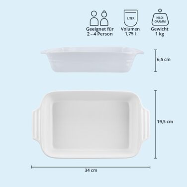 Форма для запікання KHG велика 40 см, 3 л, для 4-6 осіб, кераміка, прямокутна, стійка до подряпин, для лазаньї, тірамісу та іншого (1 шт, біла)