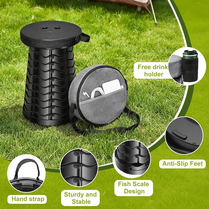 Зручний складаний стільчик з подушкою та тримачем для напоїв, телескопічний, вантажопідйомність 220 кг, легкий, стабільний, регульована висота, для відпочинку на природі та вдома