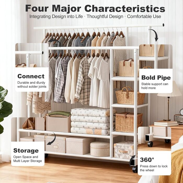 Вешалка для одягу на колесах, шестиярусна полиця з двома штангами, біла