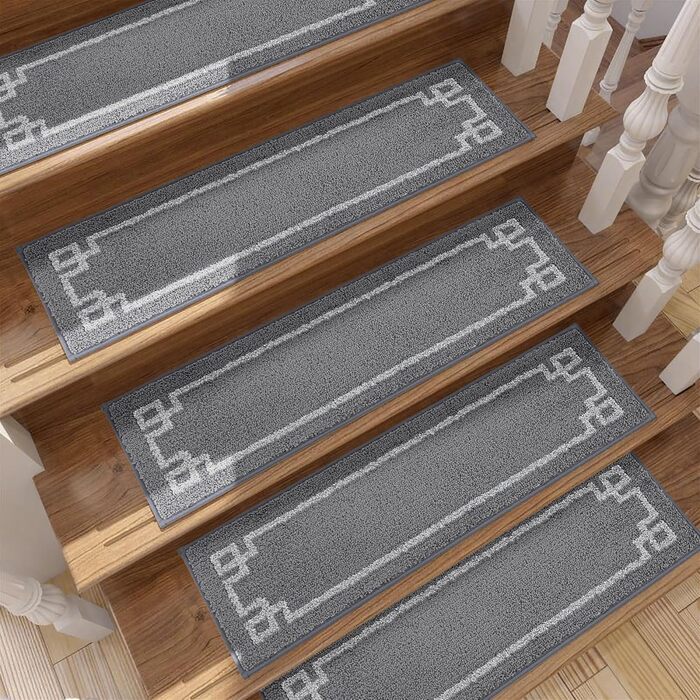 Килимочки на сходи BEQHAUSE, комплект 15 шт. Самоклеючі килимки на сходи для дітей, літніх людей та домашніх тварин, 100% поліестер, TPE-підкладка, 22x70 см (Сірий)
