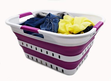 SAMMART 30L Collapsible 3-Handle Plastic Laundry Basket - Foldable Pop-Up Storage Container/Organizer - Portable Wash Basin - Space-Saving Basket/Bin (White/Purple)