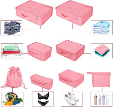 Органайзери для валізи: 8 комплектів, 7 кольорів. Організатори для подорожей, водонепроникні мішки для взуття, компресійні мішки. (Персиковий рожевий)