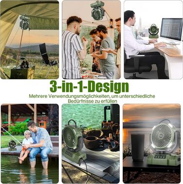 Портативний вентилятор для кемпінгу з акумулятором 10000mAh, LED-ліхтар, 270° обертання, USB-зарядка, для намету, риболовлі, офісу (зелений)