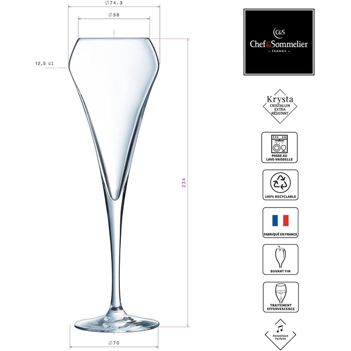 Chef & Sommelier Open Up - Champagne Flutes 200ml - 6 Pieces - Made of Krysta Crystal Glass - Ideal for Festive Occasions - Shine, Transparency and High Durability