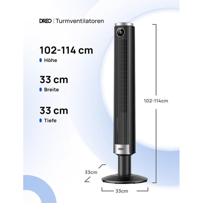 Вентилятор вежовий DREO Smart 102-114 см для спальні, з регулюванням висоти, 9 швидкостей, 4 режими, 90° осциляція, тихий (20 дБ), таймер 12 год, чорний