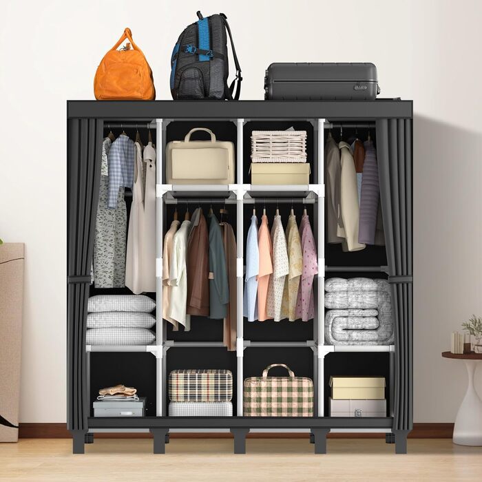 LOEFME Wardrobe 170 * 175 * 45cm, Fabric Wardrobe for Bedroom, Clothes Wardrobe Fabric, Fabric Clothes Wardrobe with 2 Hanging Rails (Black)