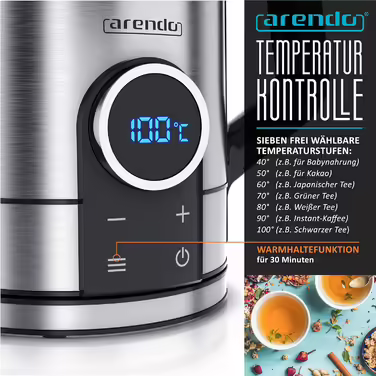 Arendo - Stainless Steel Kettle with Temperature Setting 40-100 Degrees - LED Display - Model DIVINE - 1.7 Liter - 2200 W - Tea Kettle with Temperature Indicator - GS