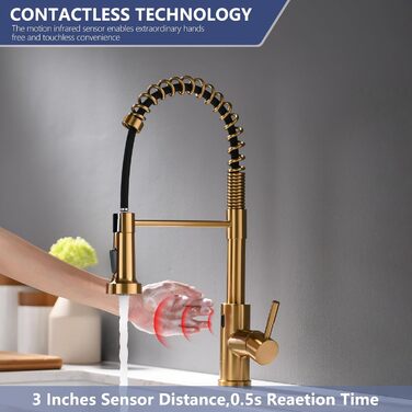 Інфрачервоний сенсорний кран для кухні з висувною лійкою, кухонна арматура 360° обертання, змішувач для кухні, одноручний змішувач, кран з спіральною пружиною, кран для мийки, щіткове золото, інфрачервоний сенсор