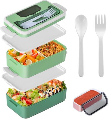 Anykuu Lunchbox 1600ML Lunchbox with 2-4 Flexible Compartments Bento Box with Spoon, Fork & Spice Box Lunchbox for Kids for Microwave, Dishwasher Lunchbox Kids for School, Work, Picnic, Green