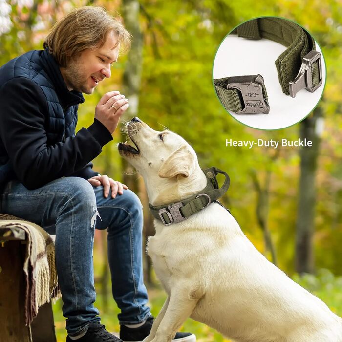 Нашийник для собак Huntvp тактичний, зелений XL, з ручкою, з нейлону, з м'якою підкладкою, з металевою застібкою, для середніх собак, для полювання, тренувань, активного відпочинку