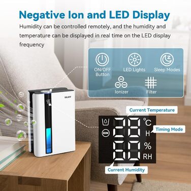 Електричний осушувач повітря Sejoy з пультом дистанційного керування, LED-індикатором вологості, резервуаром 2,5 л, продуктивністю 1000 мл/день, 7-кольоровою підсвіткою, портативний, тихий режим сну 35dB