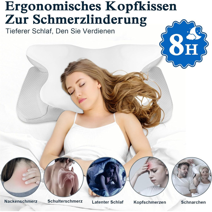 PHYSEN Orthopedic Pillow, Head Pillow Neck Pillow made of Memory Foam, Ergonomic Neck Support Pillow Head Pillow Side Sleeper Pillow for Sides, Back & Stomach Sleepers, 62x41x13cm, White+Light Gray