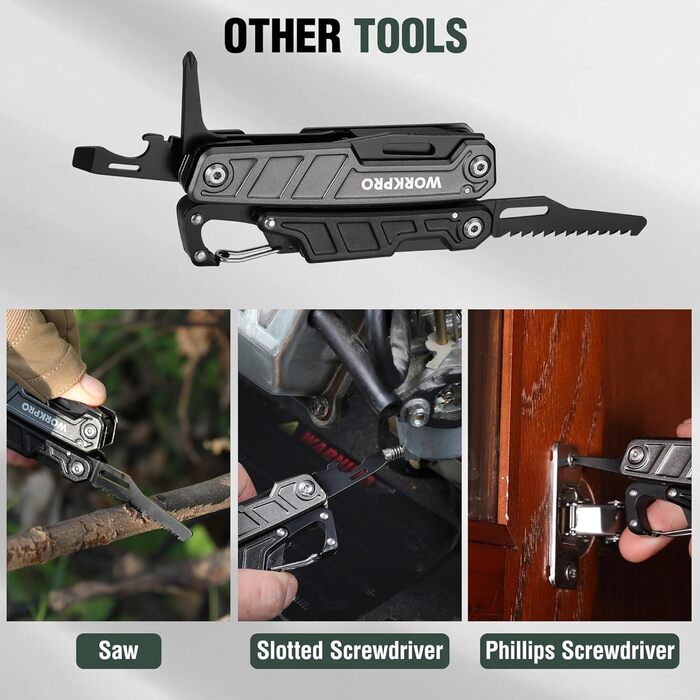 WORKPRO Мультитул 11-в-1: мультиінструмент з нержавіючої сталі з карабіном, плоскогубцями, кабелерізом, відкривачкою для пляшок, викрутками для відпочинку на природі. У комплекті чохол.