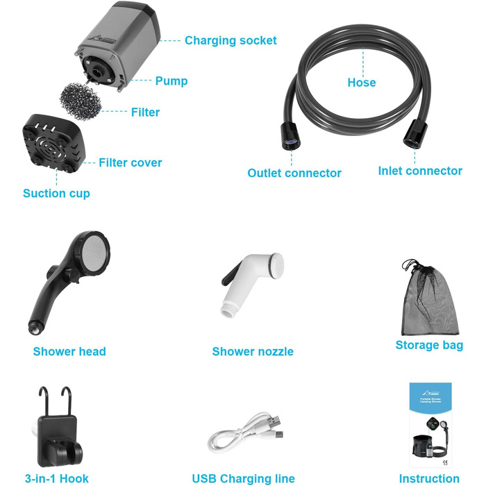 WADEO Portable Camping Shower Battery with Pump, Camping Shower with Rechargeable 6000/8000mAh Battery, Mobile Showers Outdoor Showers with Showerhead and Hose, for Camping, Travel, Garden, and Car Washing