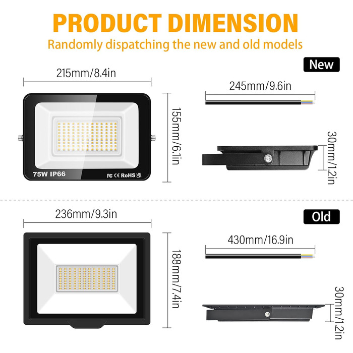 RIGIDON 2x 75W LED Floodlights Outdoor, 7500LM Outdoor Floodlight, 3000K Warm White IP66 Waterproof LED Floodlight Spotlight, Outdoor Lamp for Garden, Courtyards, Garage, Hotel, Sports Field, Workshop