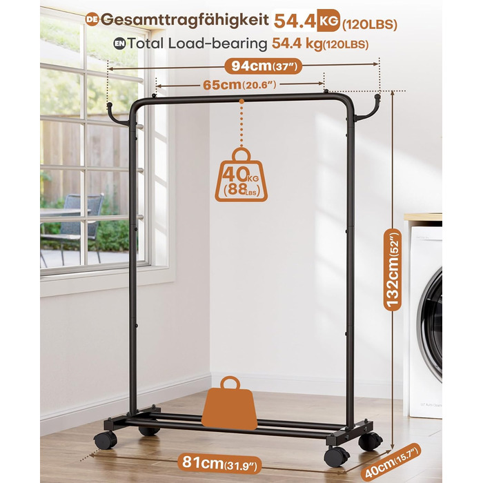 Міцний вішак для одягу на колесах Yorbay: металева стійка з полицею для багажу. Компактна вішалка для одягу в спальню, пральню, магазин (81 см). Чорний колір, 81 см