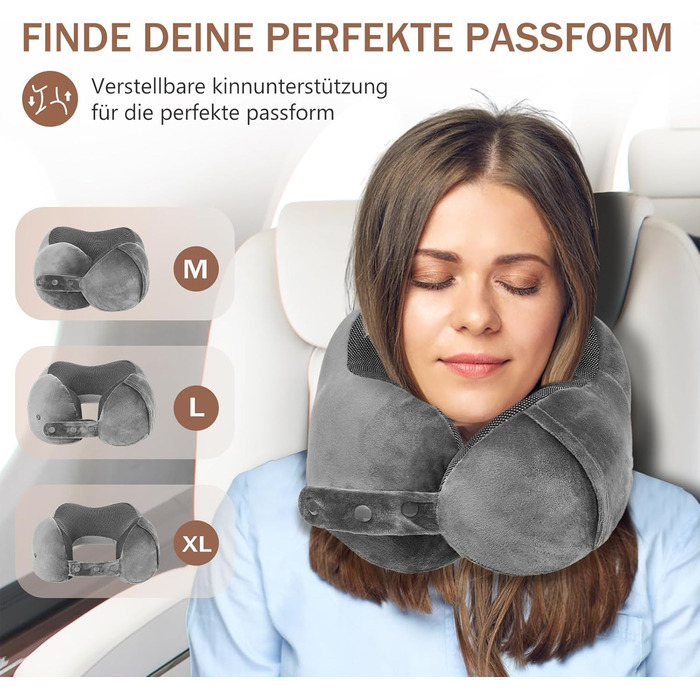 Подушка для шиї в літак, доросла, з піною Memory Foam, регульована, з вушкою та маскою для сну, чорна (сіра)