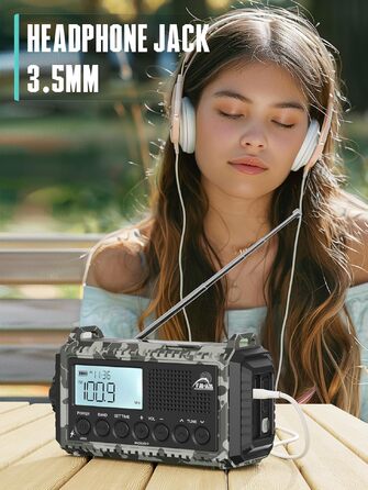 Радіо на механічній ручці з сонячною панеллю та Powerbank 12000mAh | AM/FM/SW радіо для надзвичайних ситуацій, зарядка USB-C, SOS-сигнал, ліхтарик та лампа для читання | Водонепроникне, портативне для кемпінгу, туризму (Сірий камуфляж)