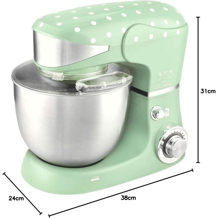 Kalorik TKG M 3014 MI Design Kitchen Machine with 5 Liter Stainless Steel Bowl, Die-Cast Mixing and Dough Hooks, 6 Speed Settings, Stainless Steel Whisk, Powerful 1000 Watt, Mint