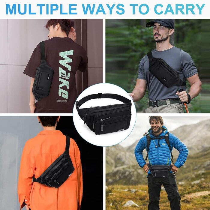 Чоловіча/жіноча поясна сумка-бананка з дощовиком, велика, з нейлону, 5 відділень на блискавці, для туризму, спорту, прогулянок з собакою (Чорна)
