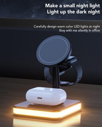 Бездротовий зарядний пристрій 4-в-1 з підсвічуванням та USB-портом для Apple iPhone, iWatch, AirPods (Чорний)